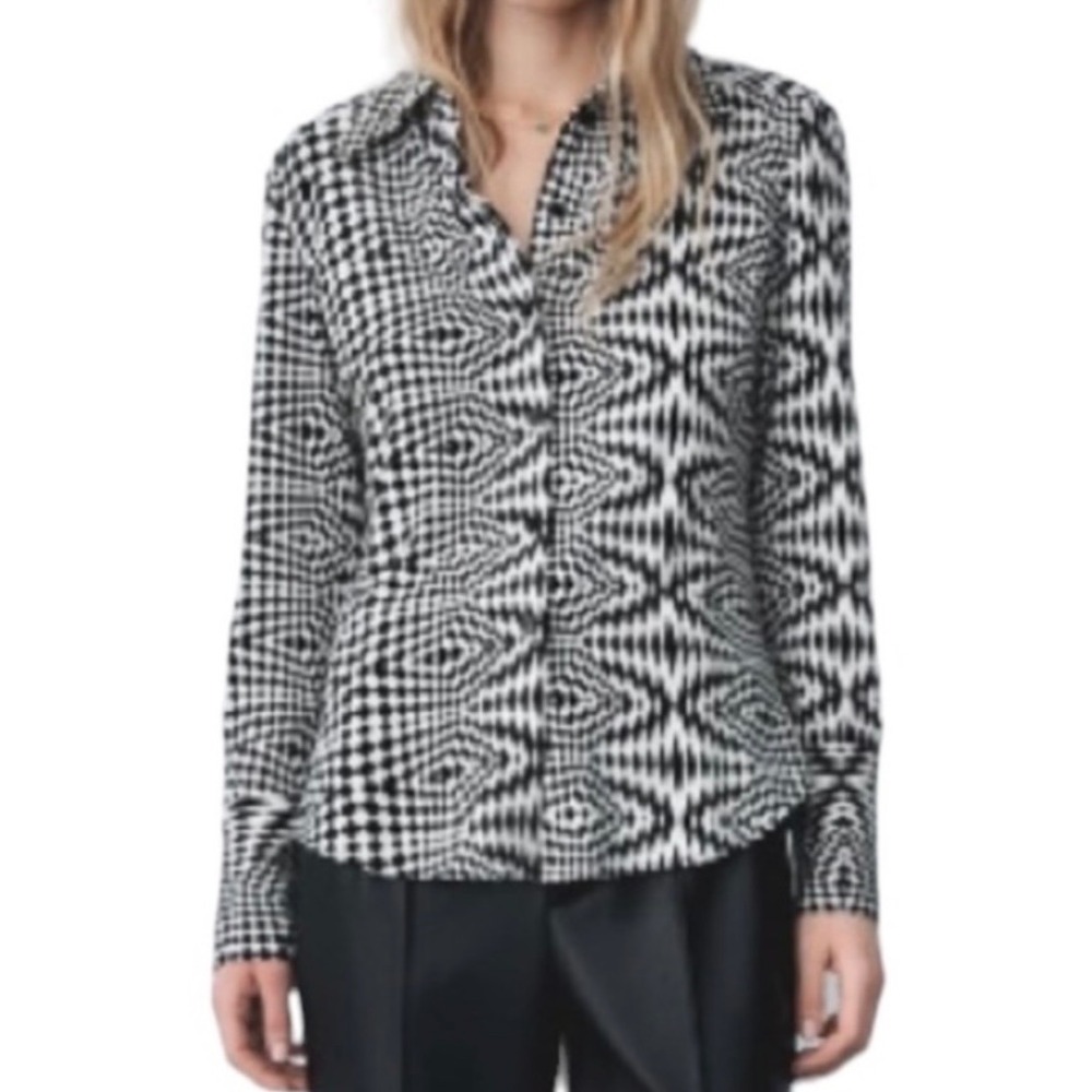 Zara Black White Geometric Print Long Sleeve Button Down Shirt size Medium